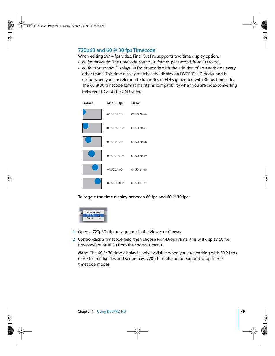 720p60 and 60 @ 30 fps timecode, 720p60 and, 60 @ 30 fps timecode | Apple Final Cut Pro HD (4.5): New Features User Manual | Page 49 / 125