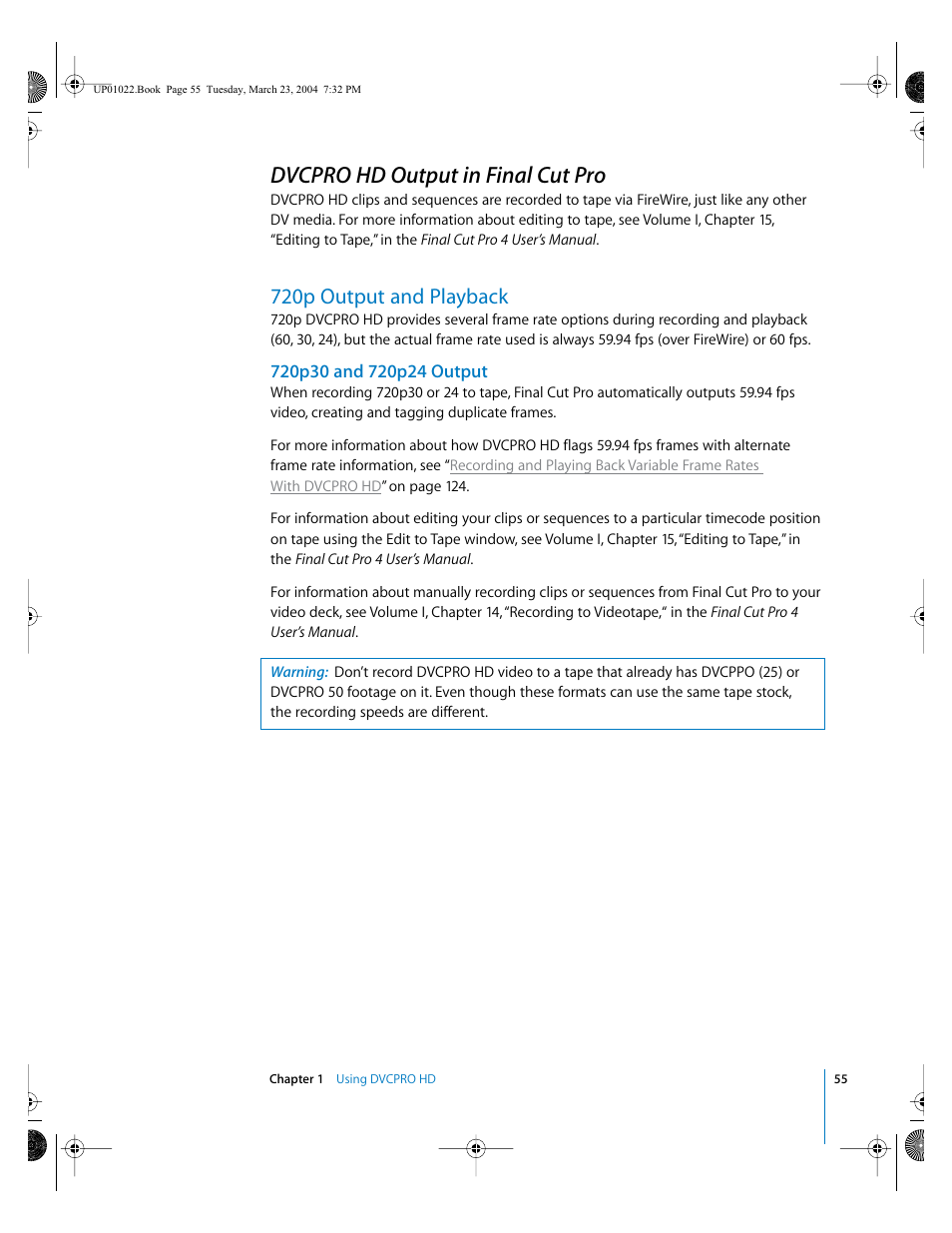 Dvcpro hd output in final cut pro, 720p output and playback, 720p30 and 720p24 output | Apple Final Cut Pro HD (4.5): New Features User Manual | Page 55 / 125