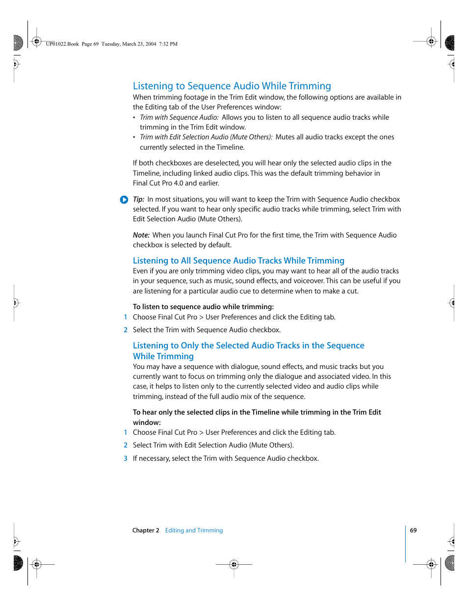 Listening to sequence audio while trimming | Apple Final Cut Pro HD (4.5): New Features User Manual | Page 69 / 125