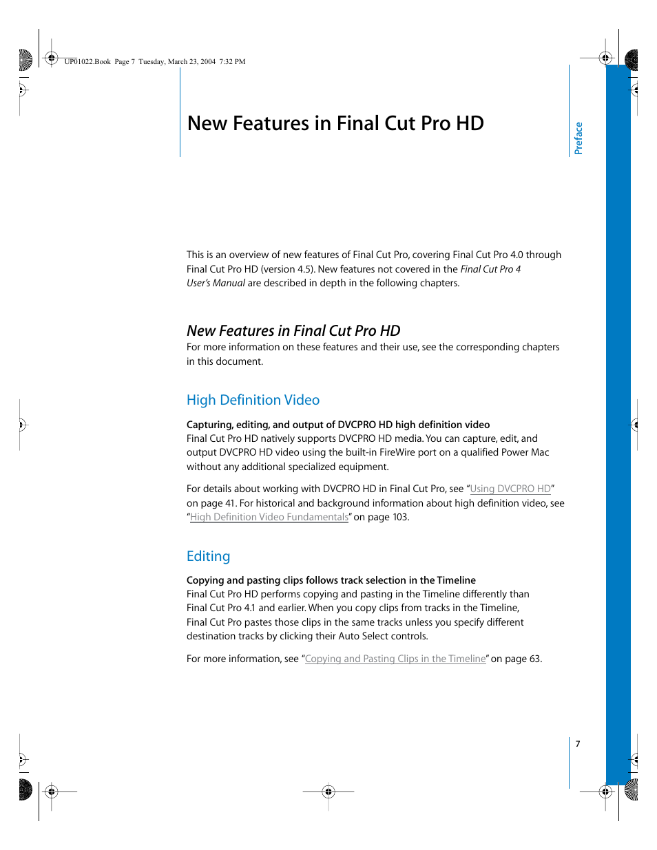 New features in final cut pro hd, High definition video, Editing | Preface | Apple Final Cut Pro HD (4.5): New Features User Manual | Page 7 / 125