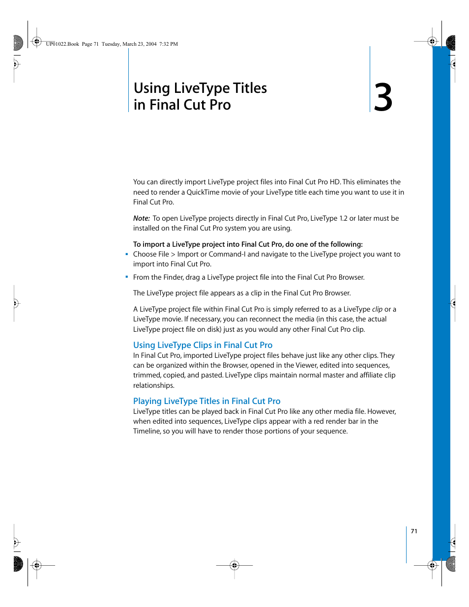 Using livetype titles in final cut pro, Using livetype clips in final cut pro, Playing livetype titles in final cut pro | Chapter, Using, Livetype titles in final cut pro | Apple Final Cut Pro HD (4.5): New Features User Manual | Page 71 / 125