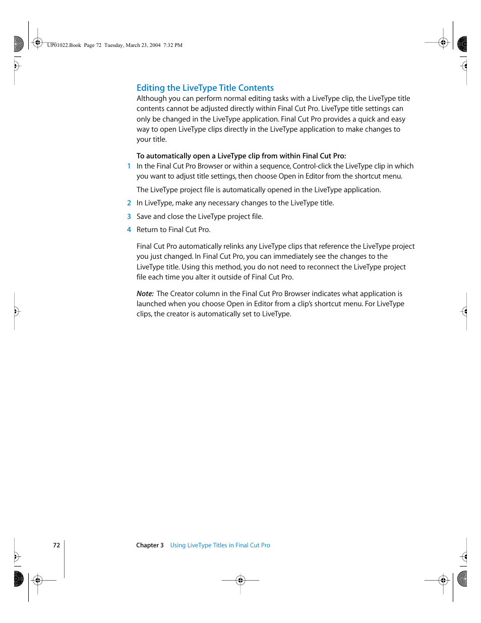 Editing the livetype title contents | Apple Final Cut Pro HD (4.5): New Features User Manual | Page 72 / 125