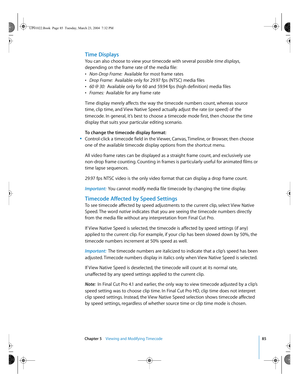 Time displays, Timecode affected by speed settings | Apple Final Cut Pro HD (4.5): New Features User Manual | Page 85 / 125