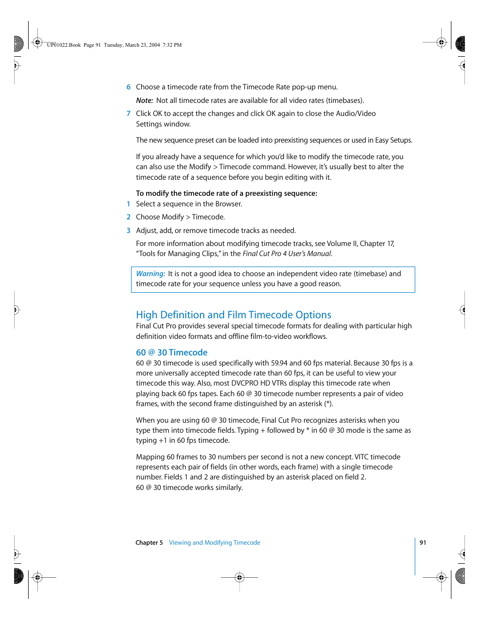High definition and film timecode options, 60 @ 30 timecode | Apple Final Cut Pro HD (4.5): New Features User Manual | Page 91 / 125
