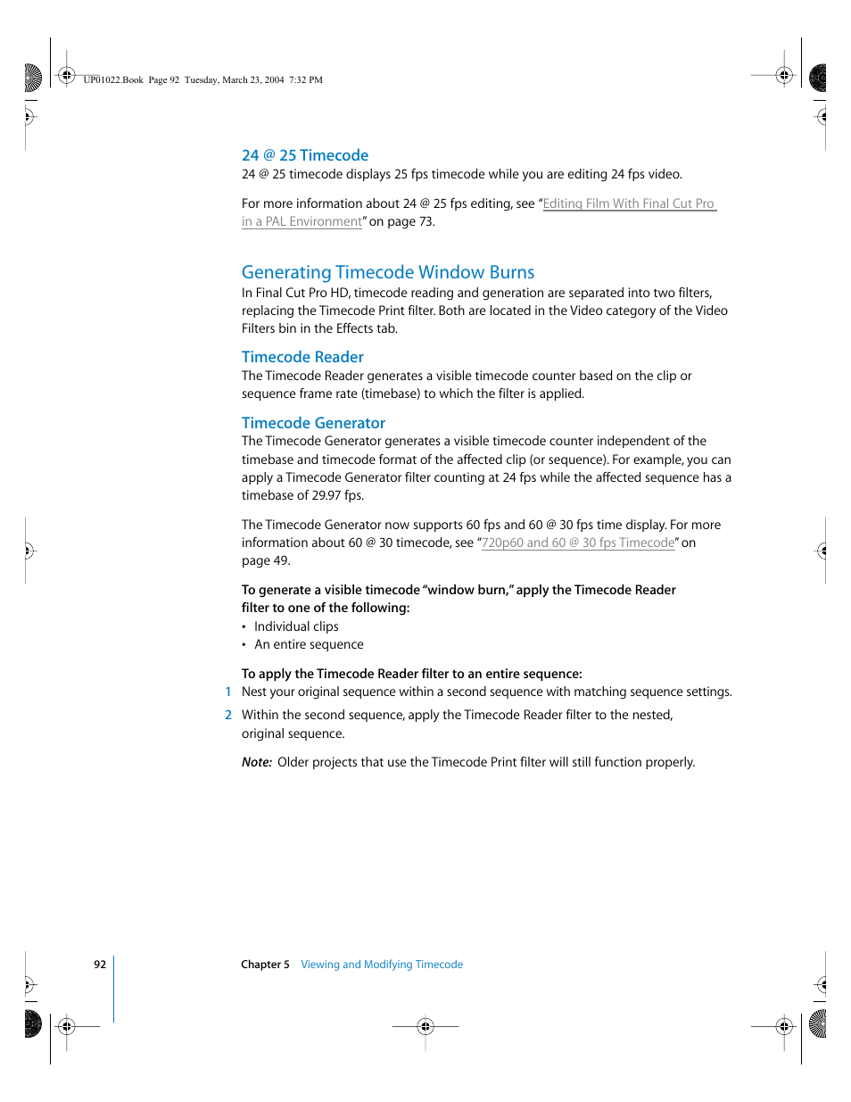 24 @ 25 timecode, Generating timecode window burns, Timecode reader | Timecode generator | Apple Final Cut Pro HD (4.5): New Features User Manual | Page 92 / 125