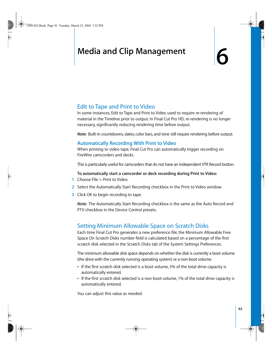 Media and clip management, Edit to tape and print to video, Automatically recording with print to video | Setting minimum allowable space on scratch disks, Chapter | Apple Final Cut Pro HD (4.5): New Features User Manual | Page 93 / 125