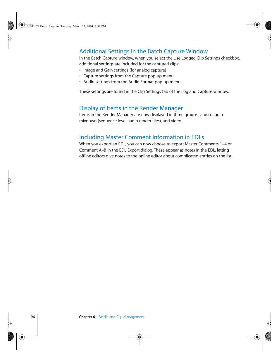 Additional settings in the batch capture window, Display of items in the render manager, Including master comment information in edls | Apple Final Cut Pro HD (4.5): New Features User Manual | Page 96 / 125