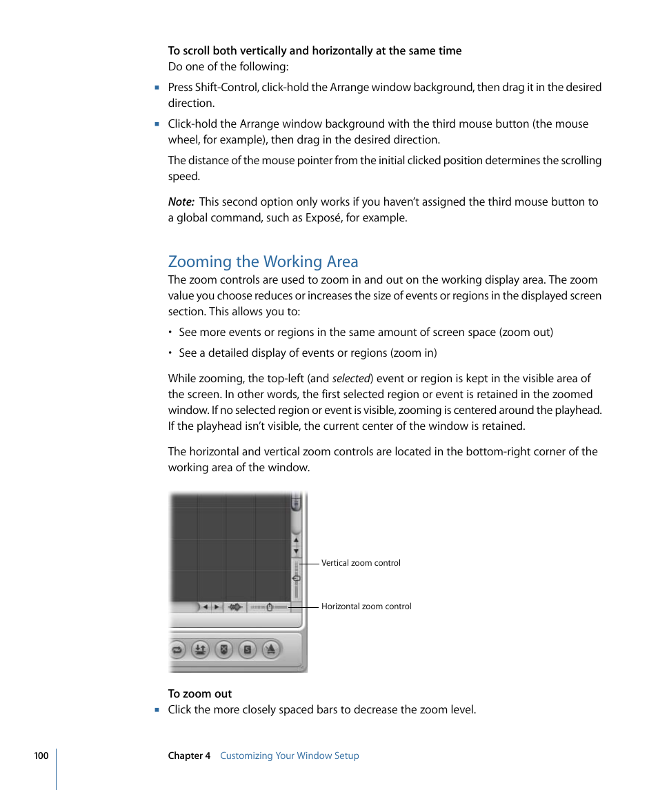 Zooming the working area | Apple Logic Pro 9 User Manual | Page 100 / 1340