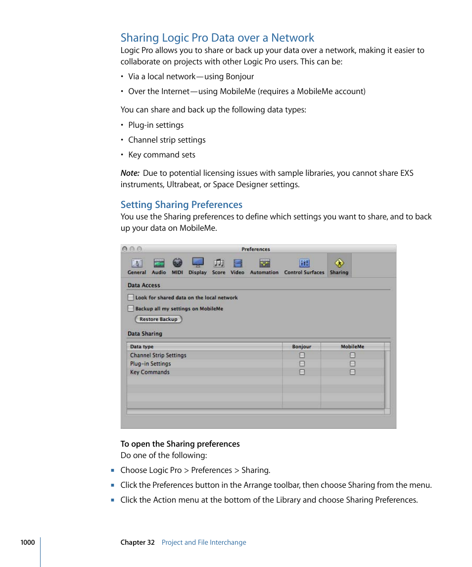 Sharing logic pro data over a network, Setting sharing preferences | Apple Logic Pro 9 User Manual | Page 1000 / 1340