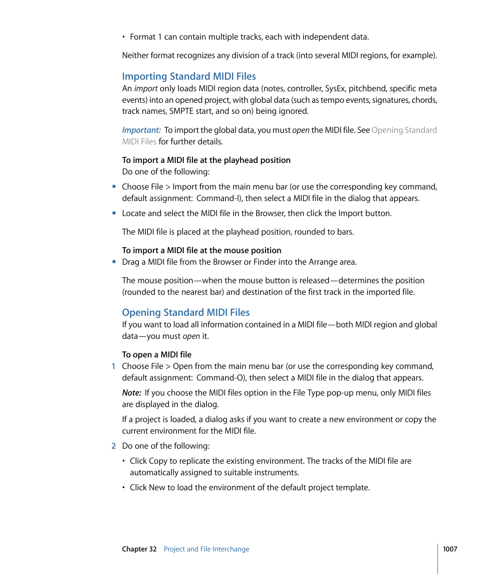 Importing standard midi files, Opening standard midi files | Apple Logic Pro 9 User Manual | Page 1007 / 1340