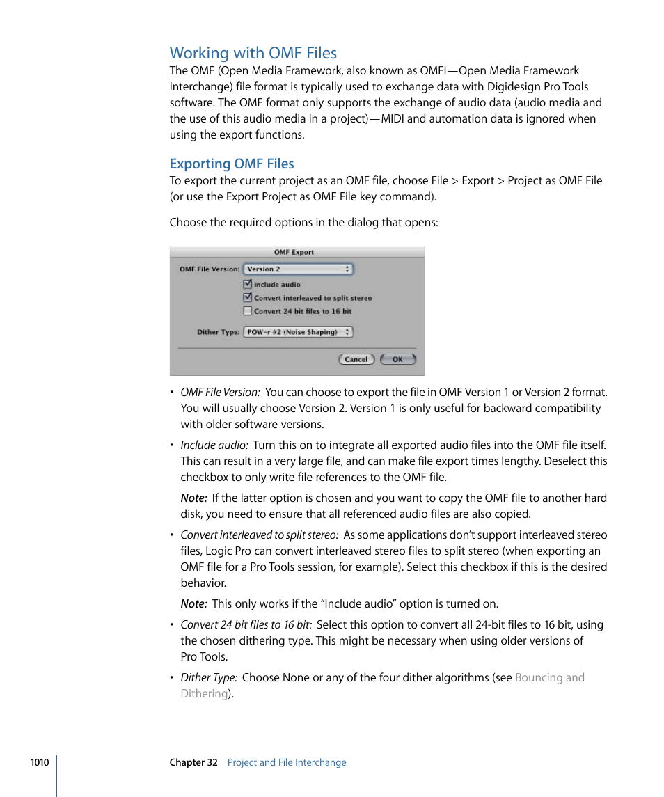 Working with omf files, Exporting omf files | Apple Logic Pro 9 User Manual | Page 1010 / 1340