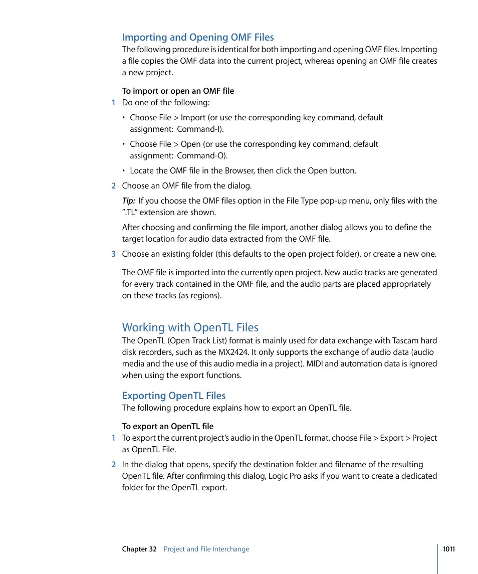Importing and opening omf files, Working with opentl files, Exporting opentl files | Apple Logic Pro 9 User Manual | Page 1011 / 1340