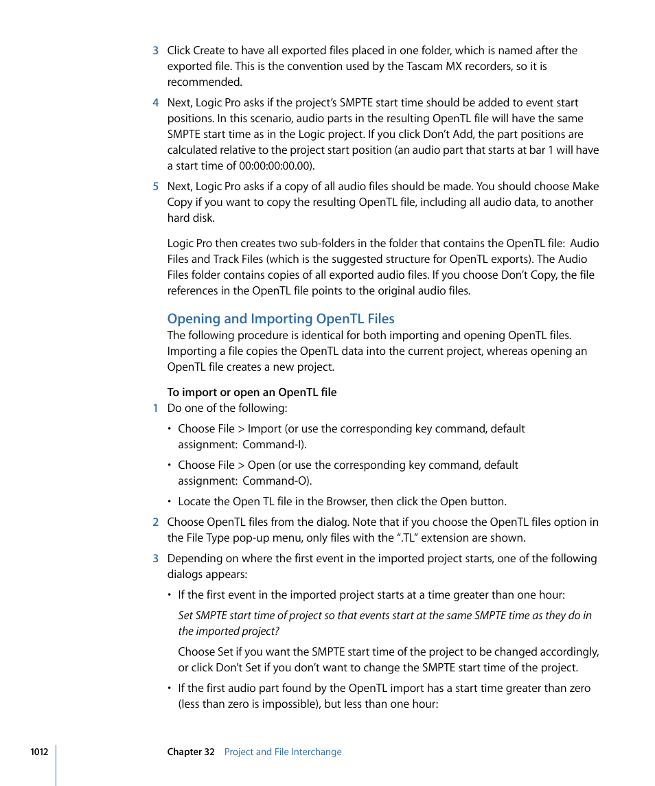 Opening and importing opentl files | Apple Logic Pro 9 User Manual | Page 1012 / 1340
