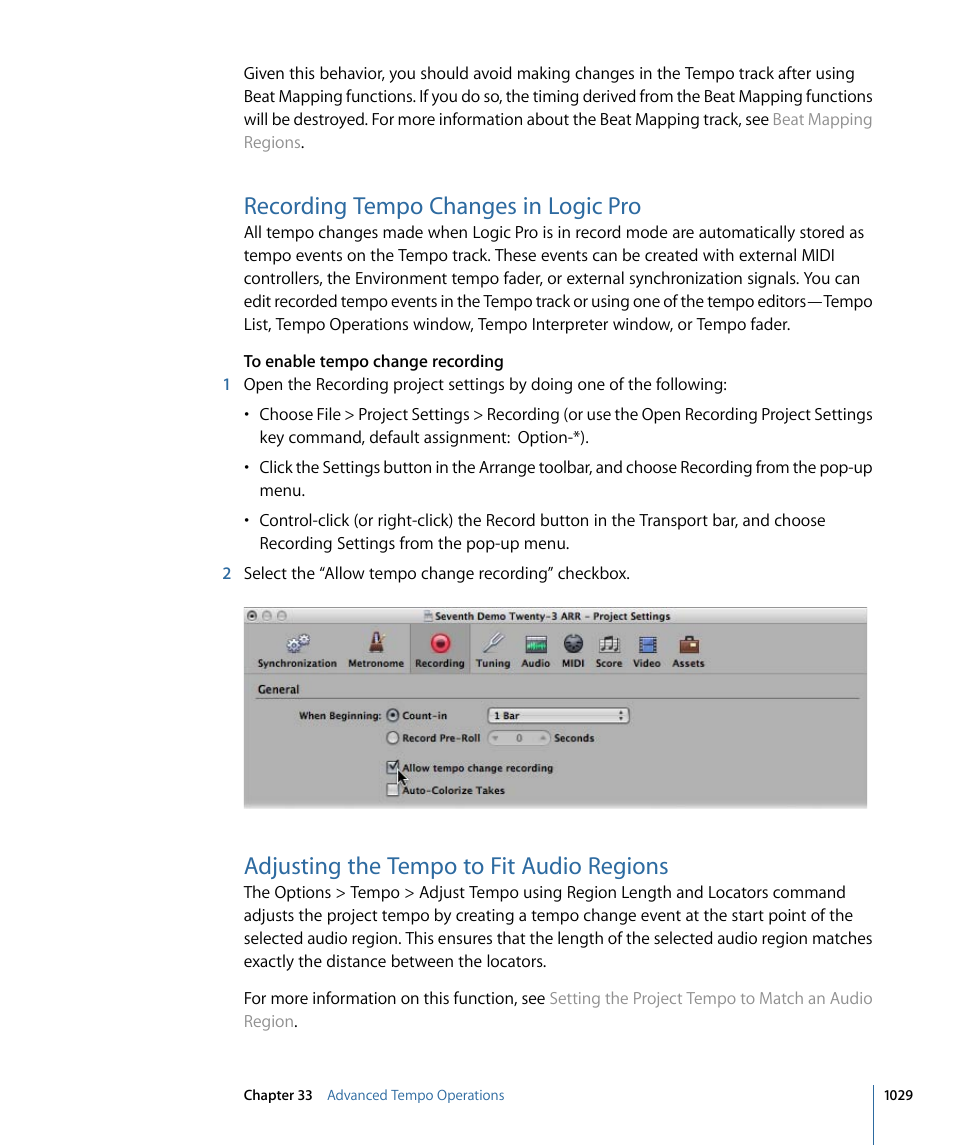 Recording tempo changes in logic pro, Adjusting the tempo to fit audio regions | Apple Logic Pro 9 User Manual | Page 1029 / 1340