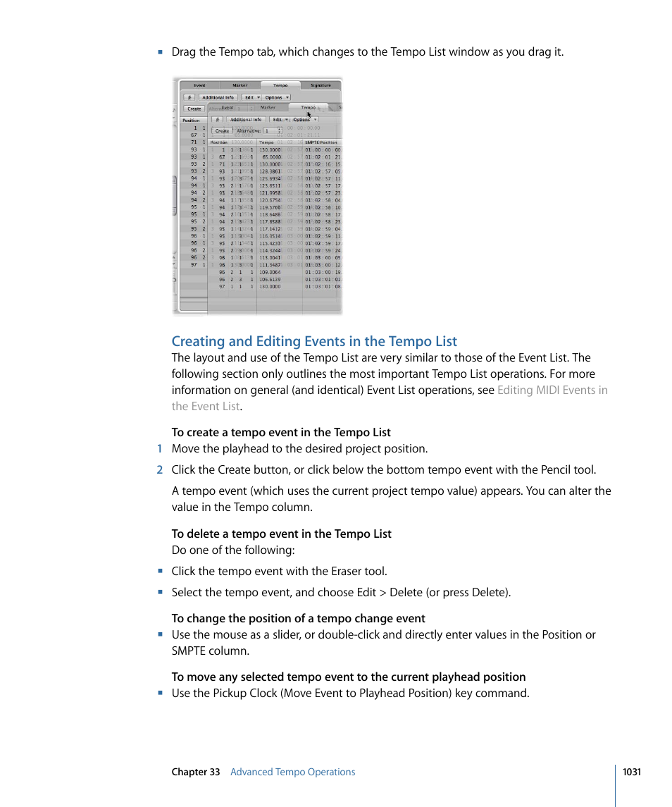 Creating and editing events in the tempo list | Apple Logic Pro 9 User Manual | Page 1031 / 1340