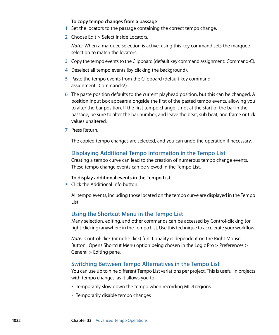 Using the shortcut menu in the tempo list | Apple Logic Pro 9 User Manual | Page 1032 / 1340