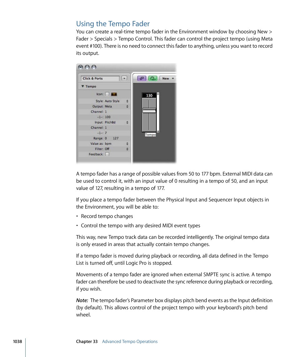 Using the tempo fader | Apple Logic Pro 9 User Manual | Page 1038 / 1340