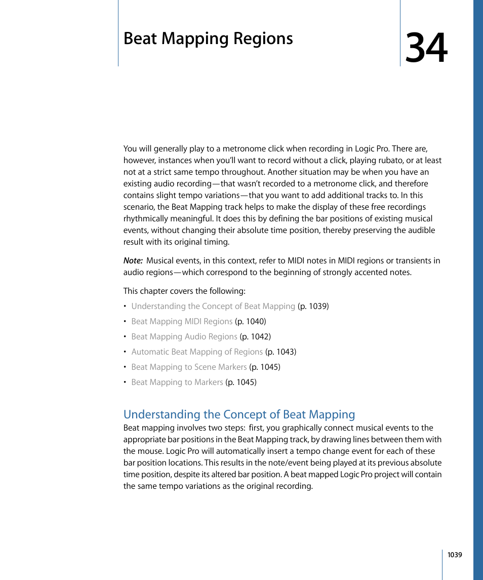 Beat mapping regions, Understanding the concept of beat mapping, Beat mapping | Regions | Apple Logic Pro 9 User Manual | Page 1039 / 1340