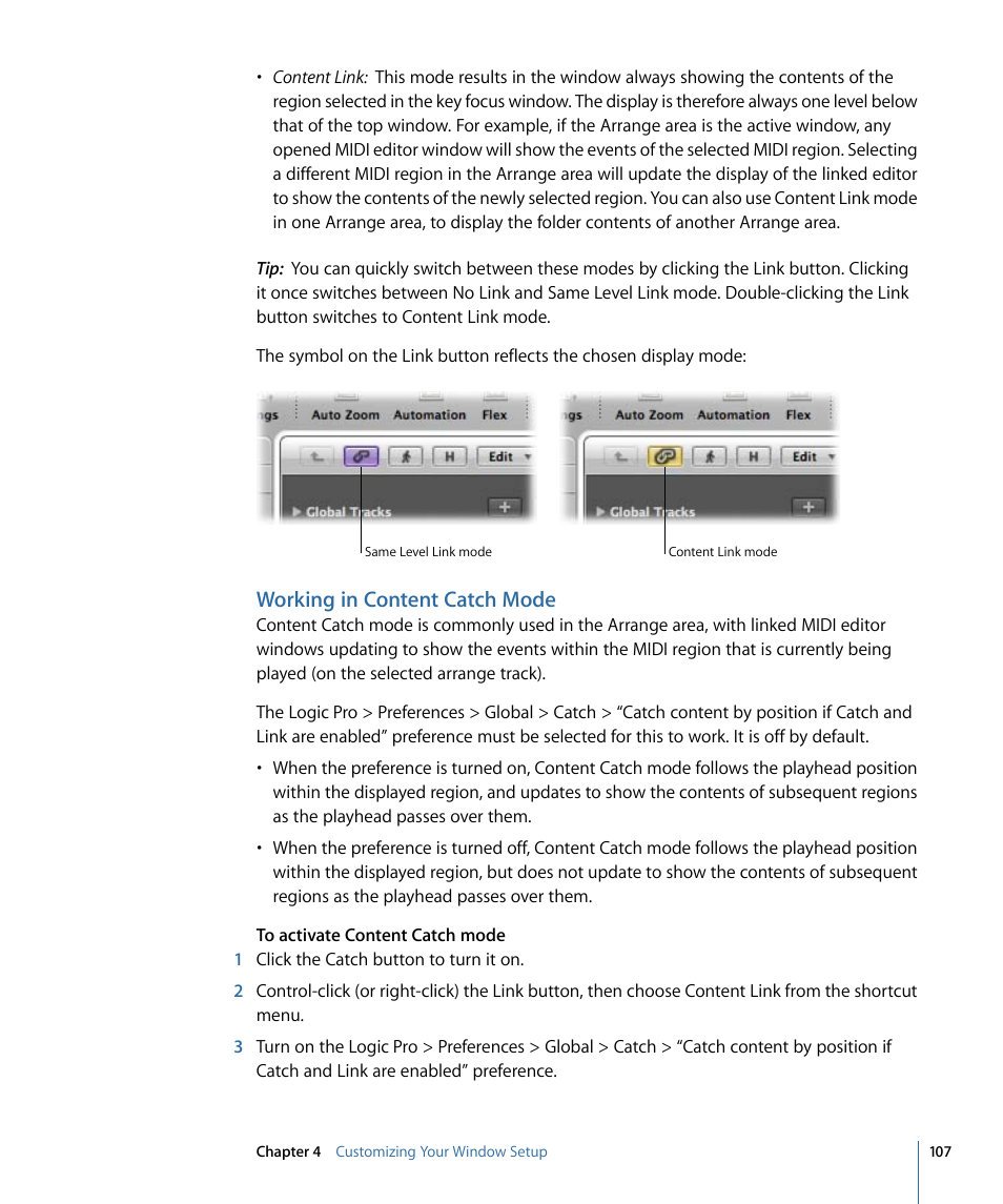 Working in content catch mode | Apple Logic Pro 9 User Manual | Page 107 / 1340