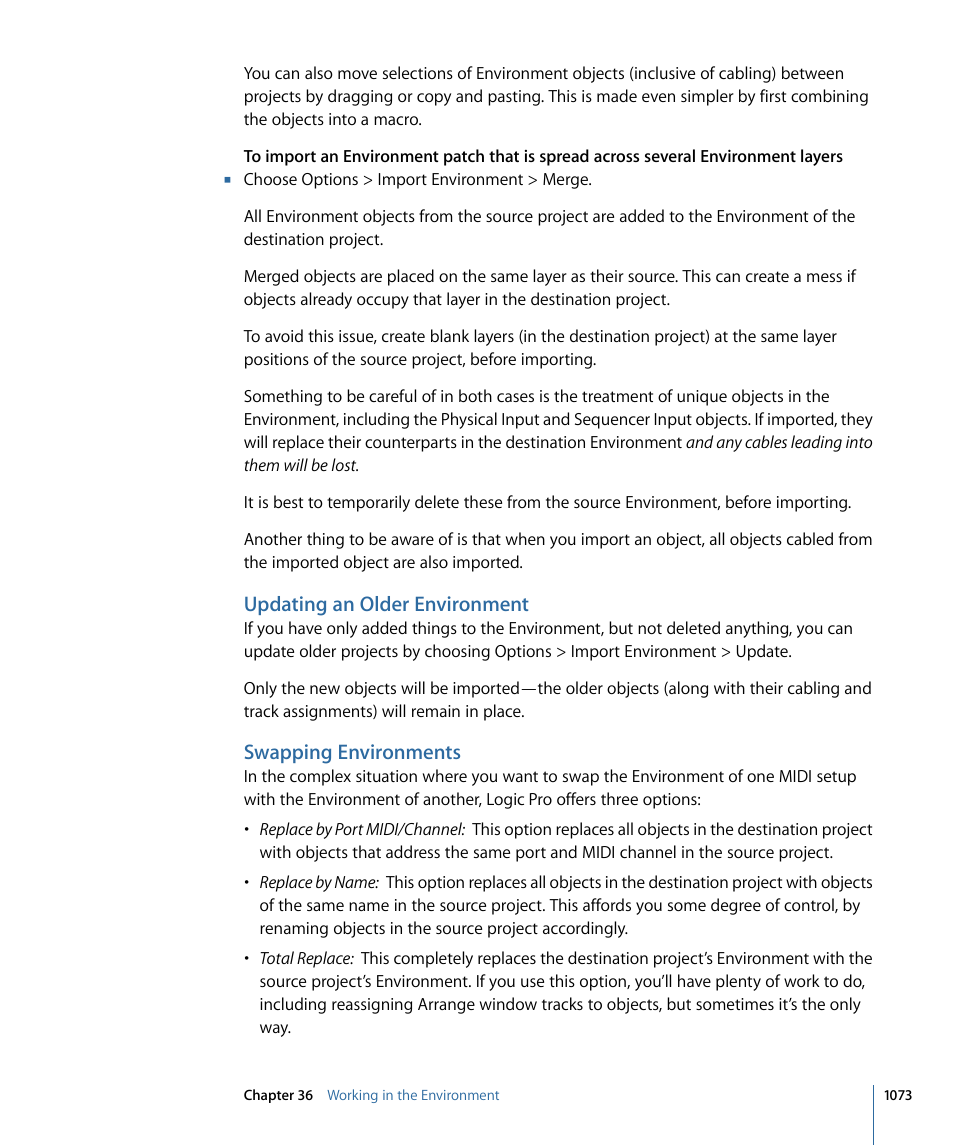 Updating an older environment, Swapping environments | Apple Logic Pro 9 User Manual | Page 1073 / 1340