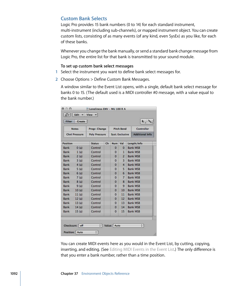 Custom bank selects, Custom bank, Selects | Apple Logic Pro 9 User Manual | Page 1092 / 1340