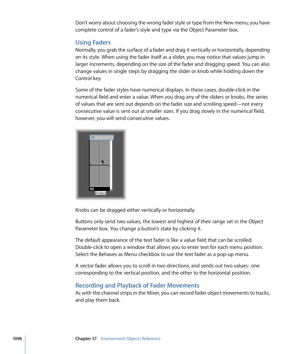 Using faders, Recording and playback of fader movements | Apple Logic Pro 9 User Manual | Page 1098 / 1340
