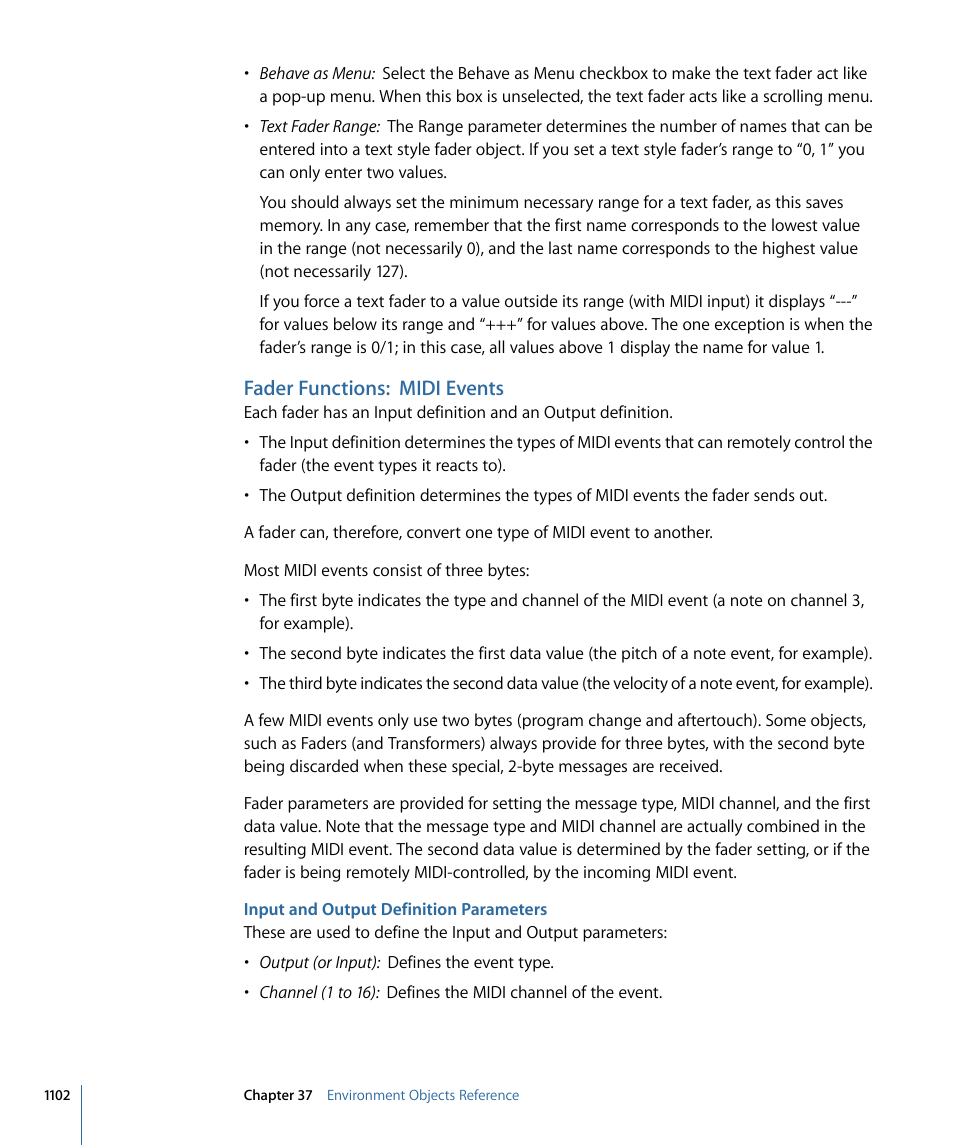 Fader functions: midi events, Input and output definition parameters | Apple Logic Pro 9 User Manual | Page 1102 / 1340