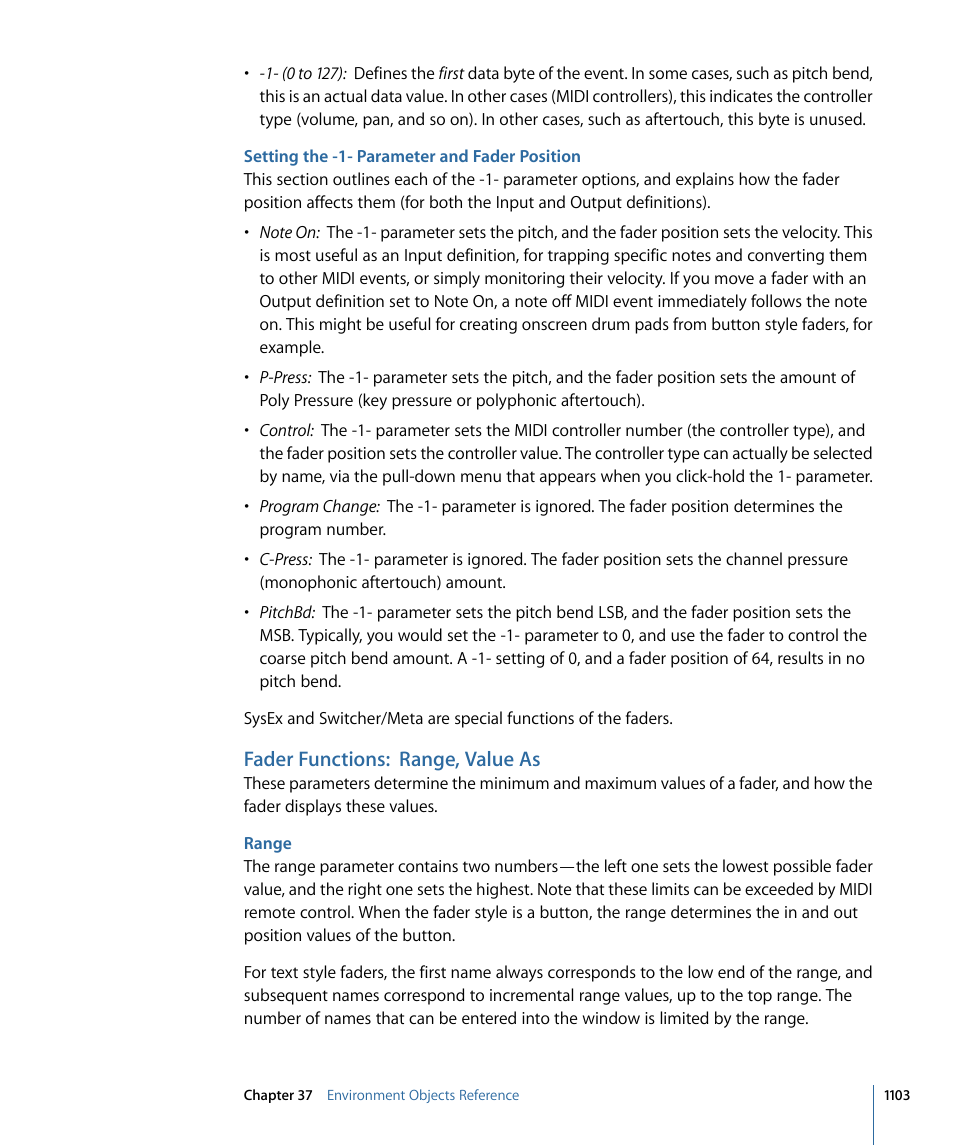 Setting the -1- parameter and fader position, Fader functions: range, value as, Range | Apple Logic Pro 9 User Manual | Page 1103 / 1340