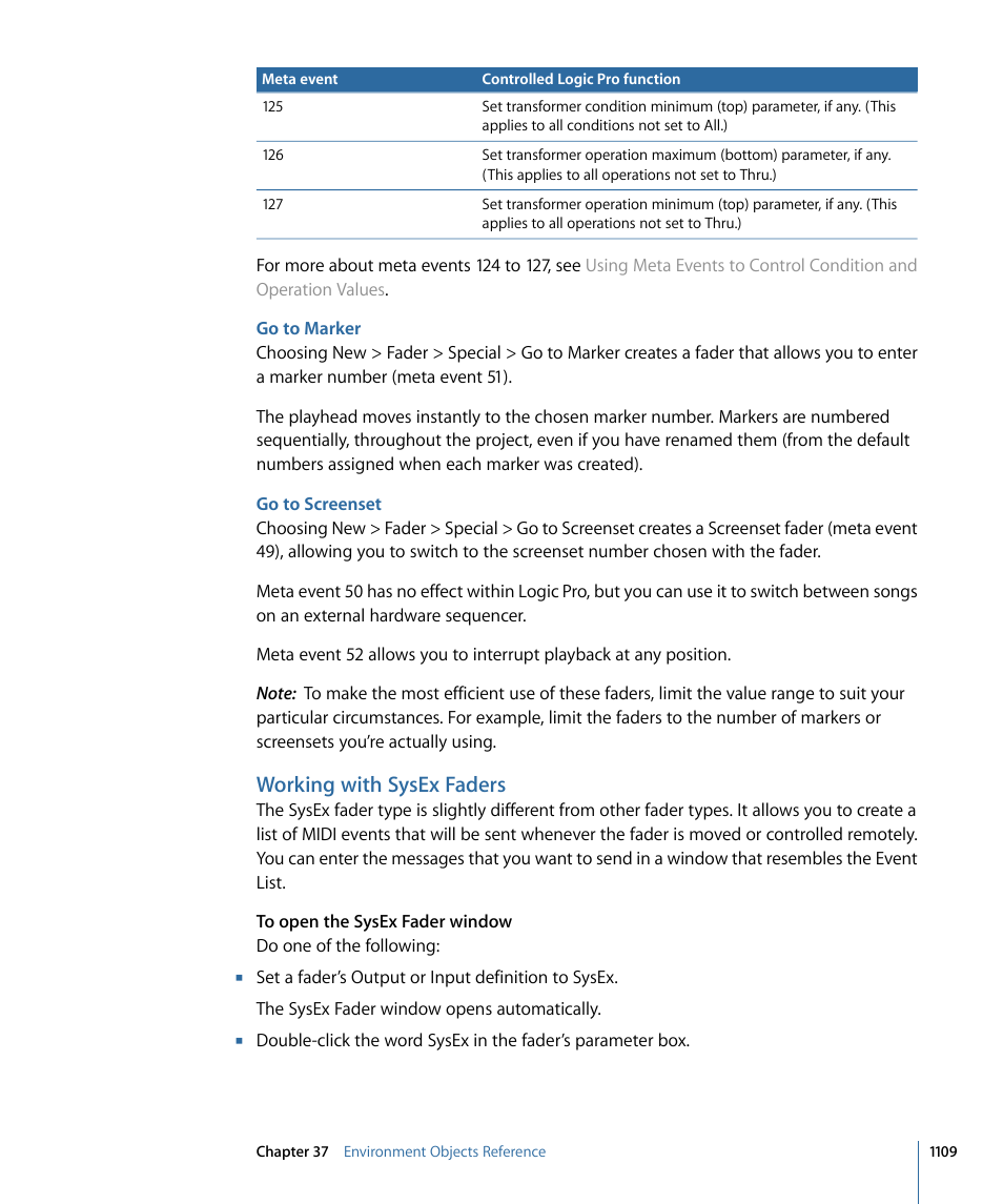Go to marker, Go to screenset, Working with sysex faders | Apple Logic Pro 9 User Manual | Page 1109 / 1340