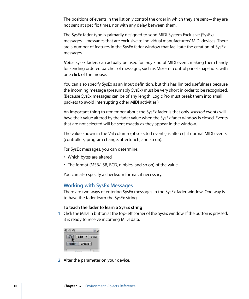 Working with sysex messages | Apple Logic Pro 9 User Manual | Page 1110 / 1340