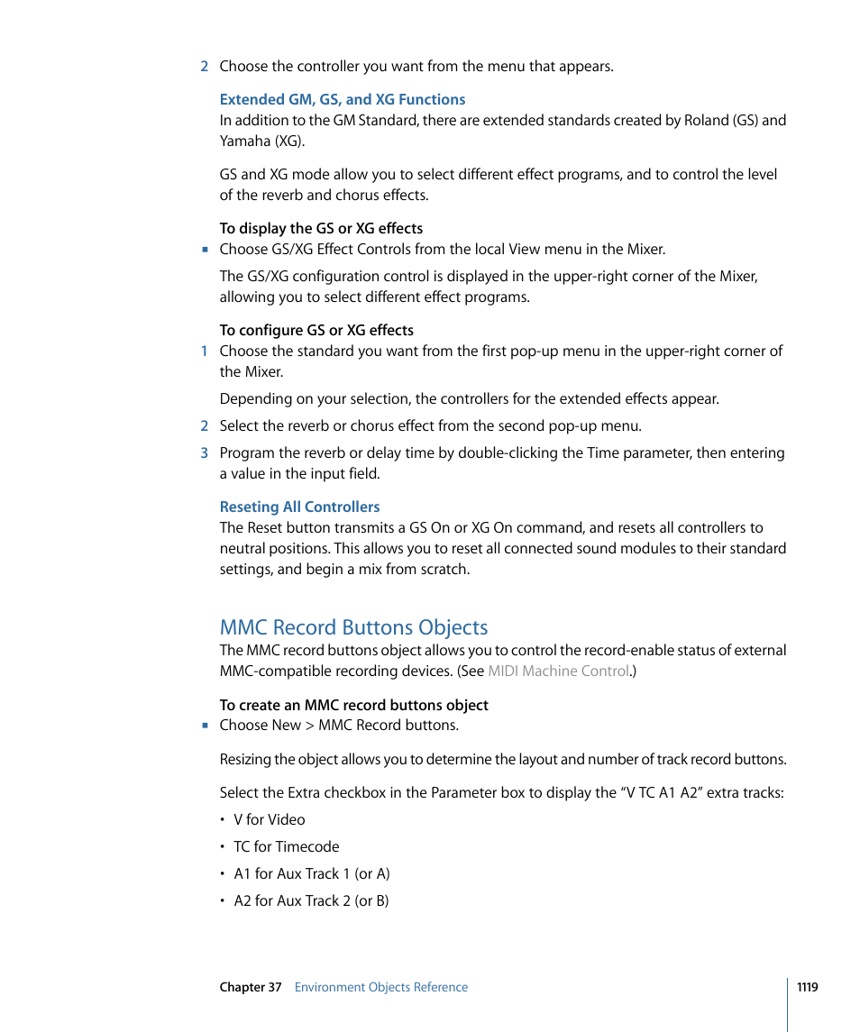 Extended gm, gs, and xg functions, Reseting all controllers, Mmc record buttons objects | Apple Logic Pro 9 User Manual | Page 1119 / 1340