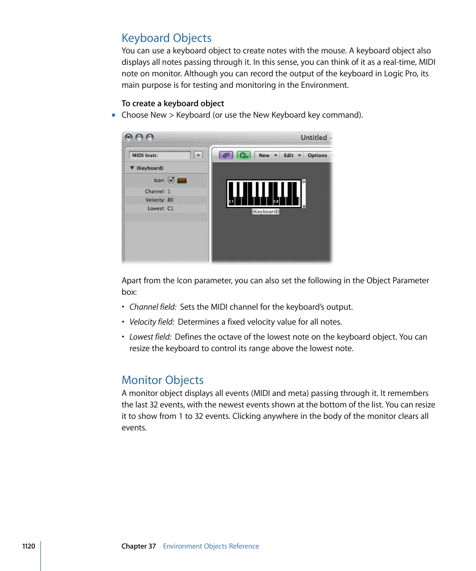 Keyboard objects, Monitor objects | Apple Logic Pro 9 User Manual | Page 1120 / 1340