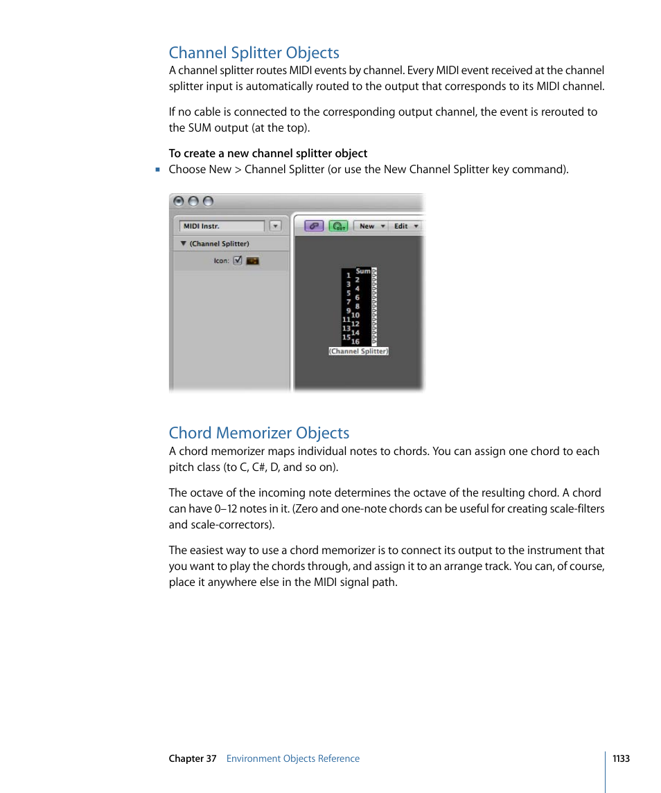 Channel splitter objects, Chord memorizer objects | Apple Logic Pro 9 User Manual | Page 1133 / 1340