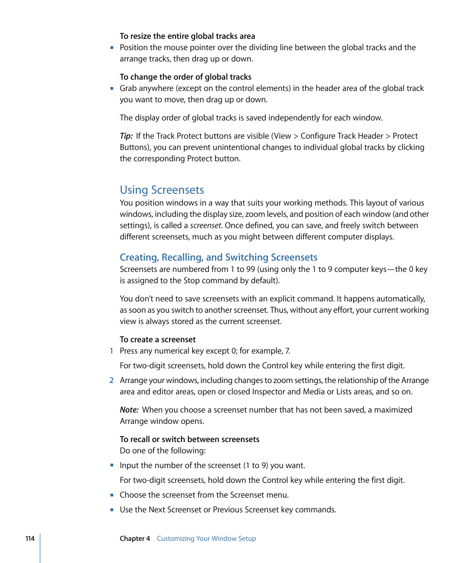 Using screensets, Creating, recalling, and switching screensets | Apple Logic Pro 9 User Manual | Page 114 / 1340