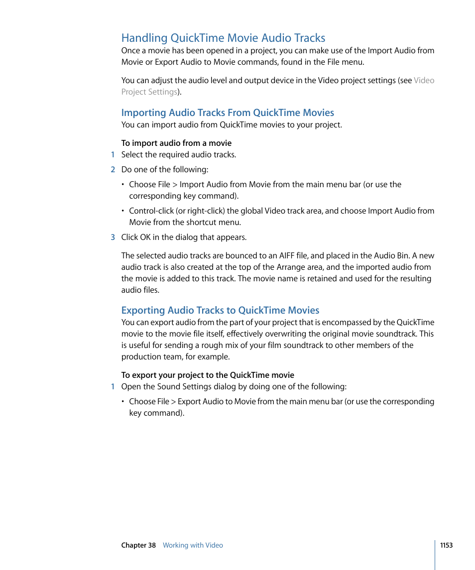 Handling quicktime movie audio tracks, Importing audio tracks from quicktime movies, Exporting audio tracks to quicktime movies | Apple Logic Pro 9 User Manual | Page 1153 / 1340