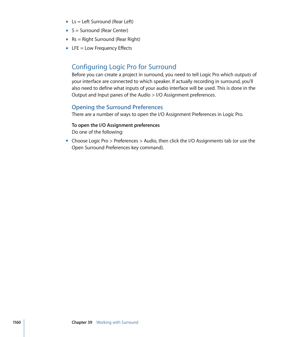 Configuring logic pro for surround, Opening the surround preferences | Apple Logic Pro 9 User Manual | Page 1160 / 1340