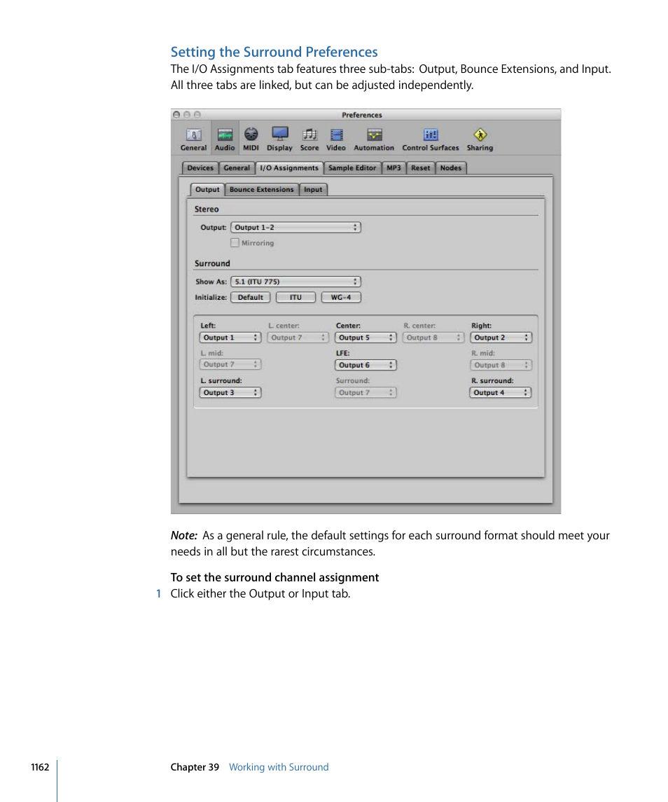 Setting the surround preferences | Apple Logic Pro 9 User Manual | Page 1162 / 1340