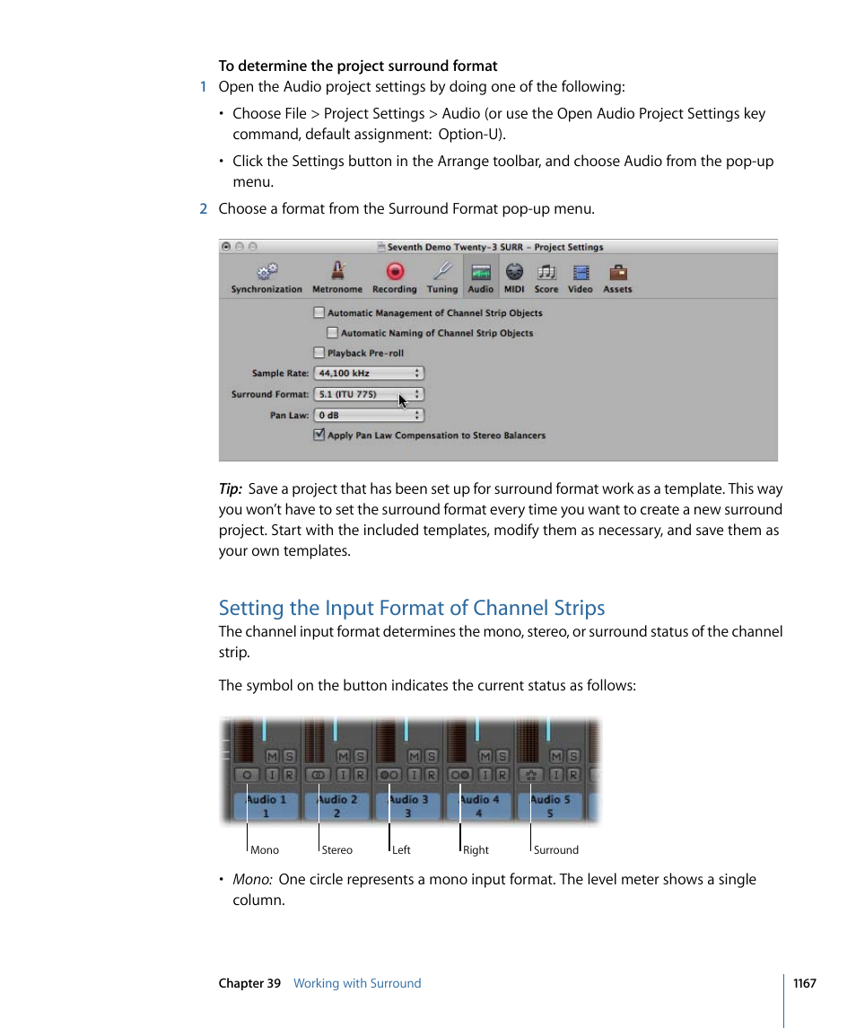 Setting the input format of channel strips | Apple Logic Pro 9 User Manual | Page 1167 / 1340