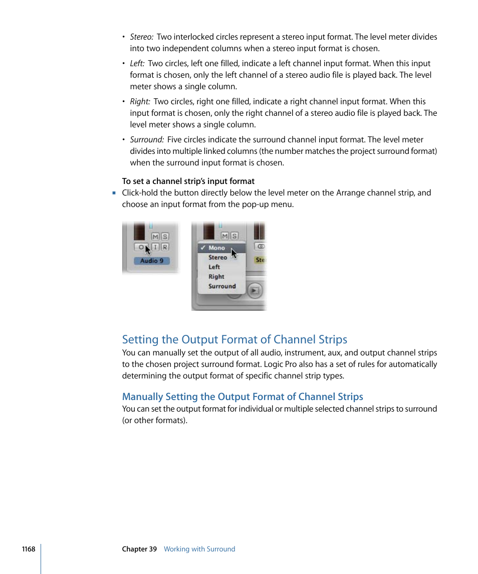 Setting the output format of channel strips | Apple Logic Pro 9 User Manual | Page 1168 / 1340