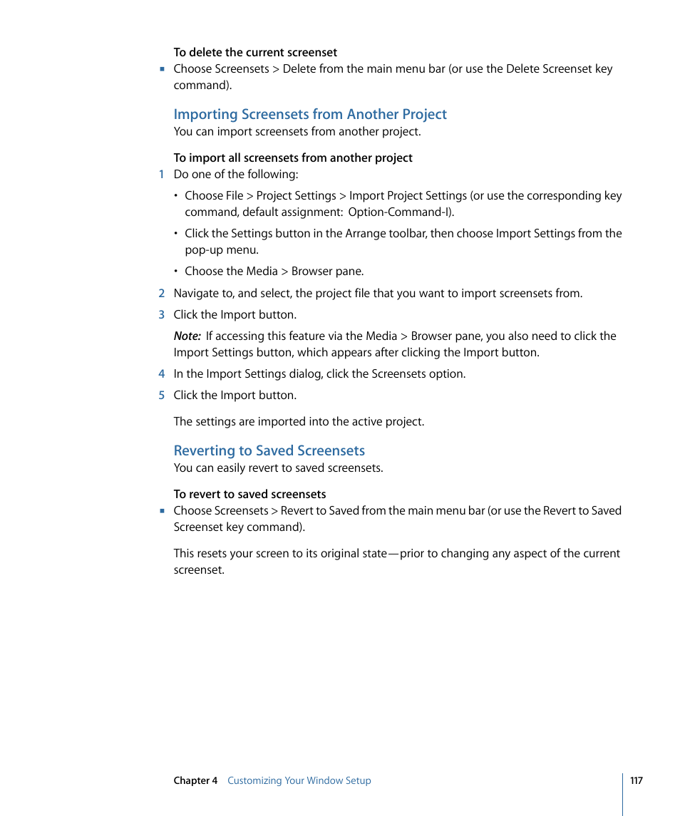Importing screensets from another project, Reverting to saved screensets | Apple Logic Pro 9 User Manual | Page 117 / 1340