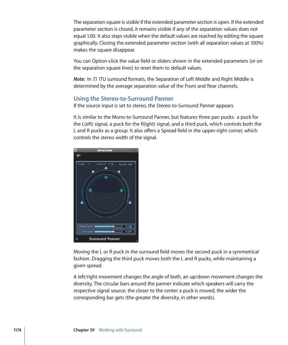 Using the stereo-to-surround panner | Apple Logic Pro 9 User Manual | Page 1174 / 1340