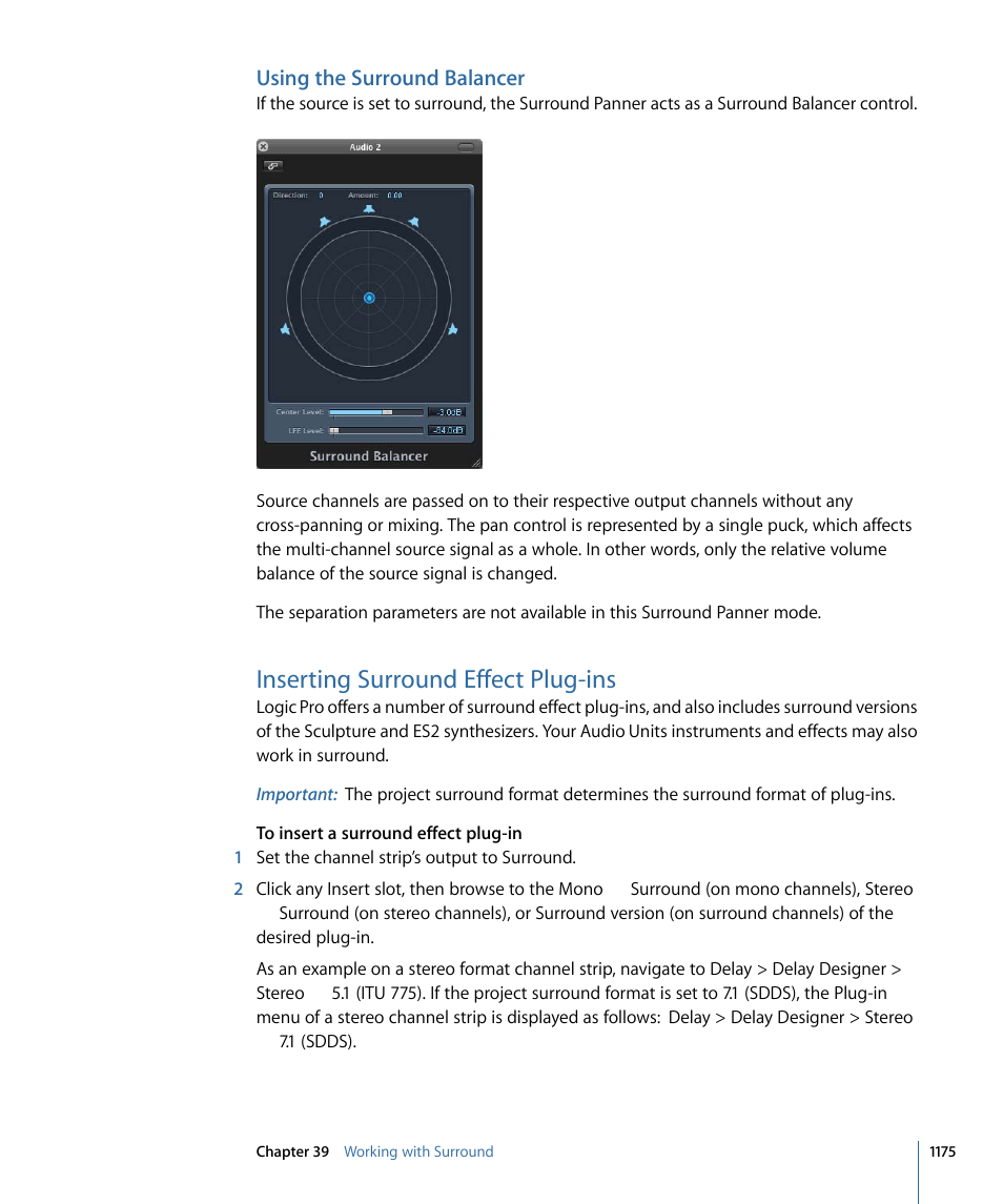 Using the surround balancer, Inserting surround effect plug-ins | Apple Logic Pro 9 User Manual | Page 1175 / 1340