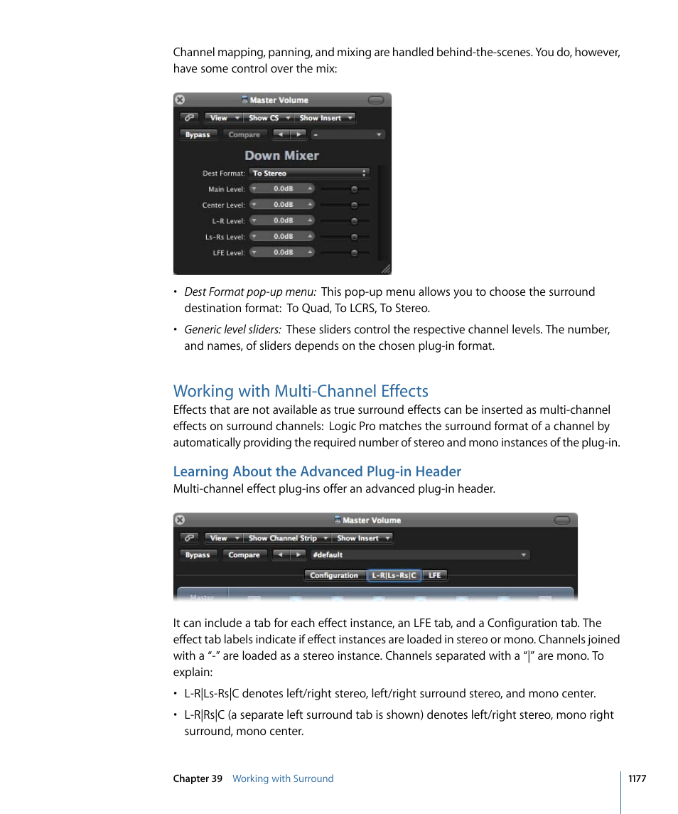 Working with multi-channel effects, Learning about the advanced plug-in header | Apple Logic Pro 9 User Manual | Page 1177 / 1340