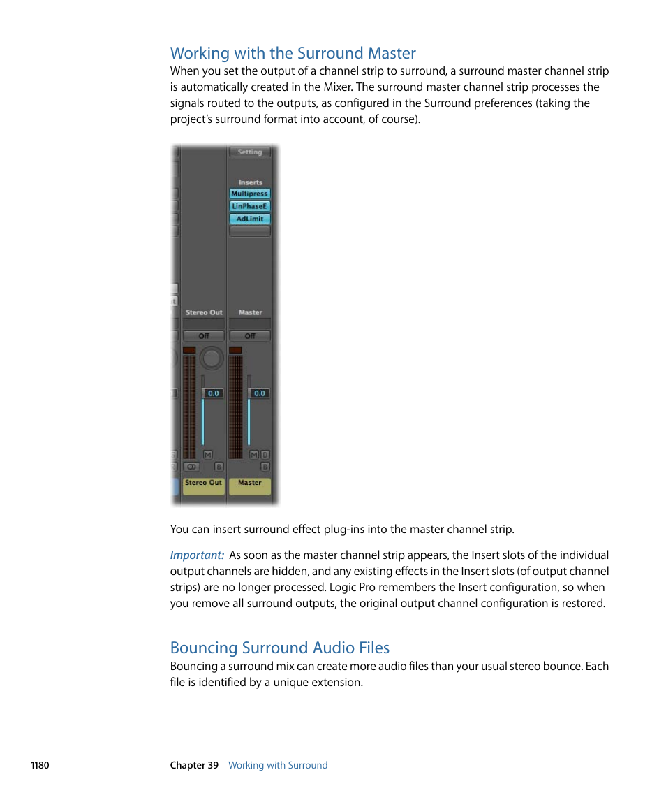 Working with the surround master, Bouncing surround audio files | Apple Logic Pro 9 User Manual | Page 1180 / 1340