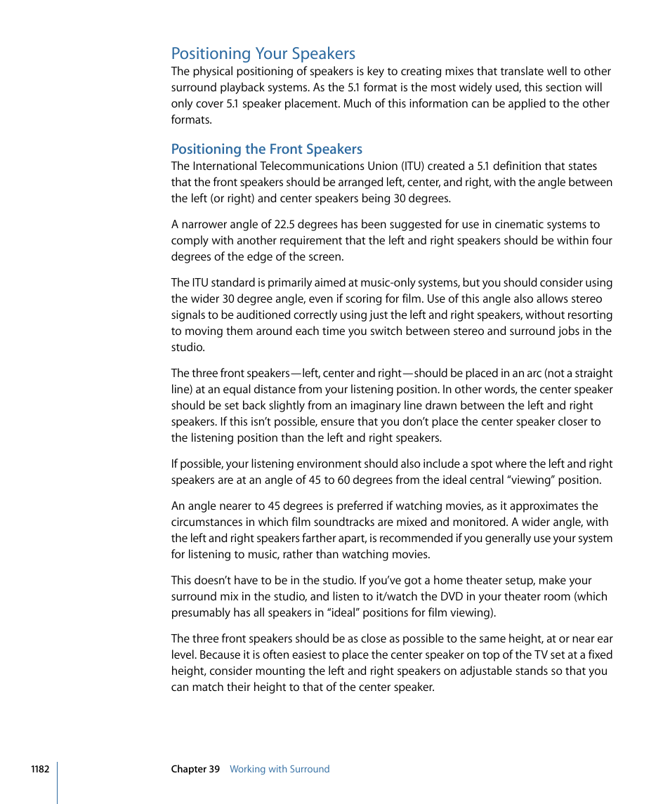 Positioning your speakers, Positioning the front speakers | Apple Logic Pro 9 User Manual | Page 1182 / 1340