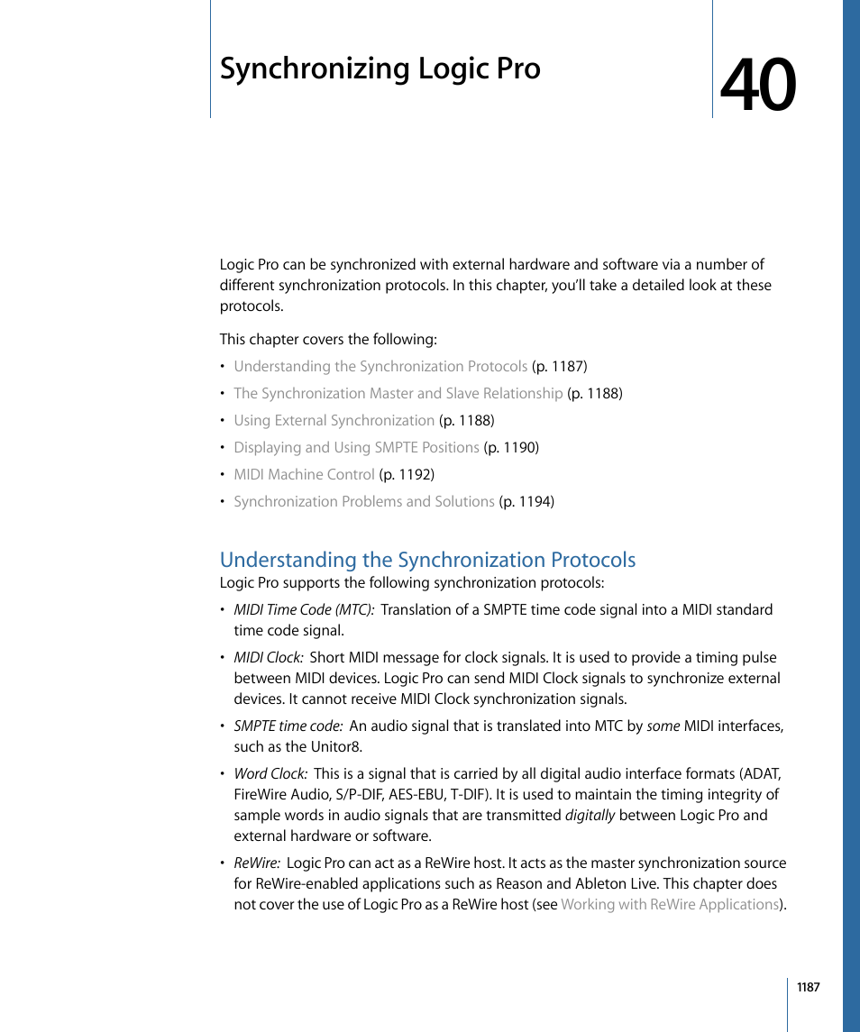 Synchronizing logic pro, Understanding the synchronization protocols | Apple Logic Pro 9 User Manual | Page 1187 / 1340