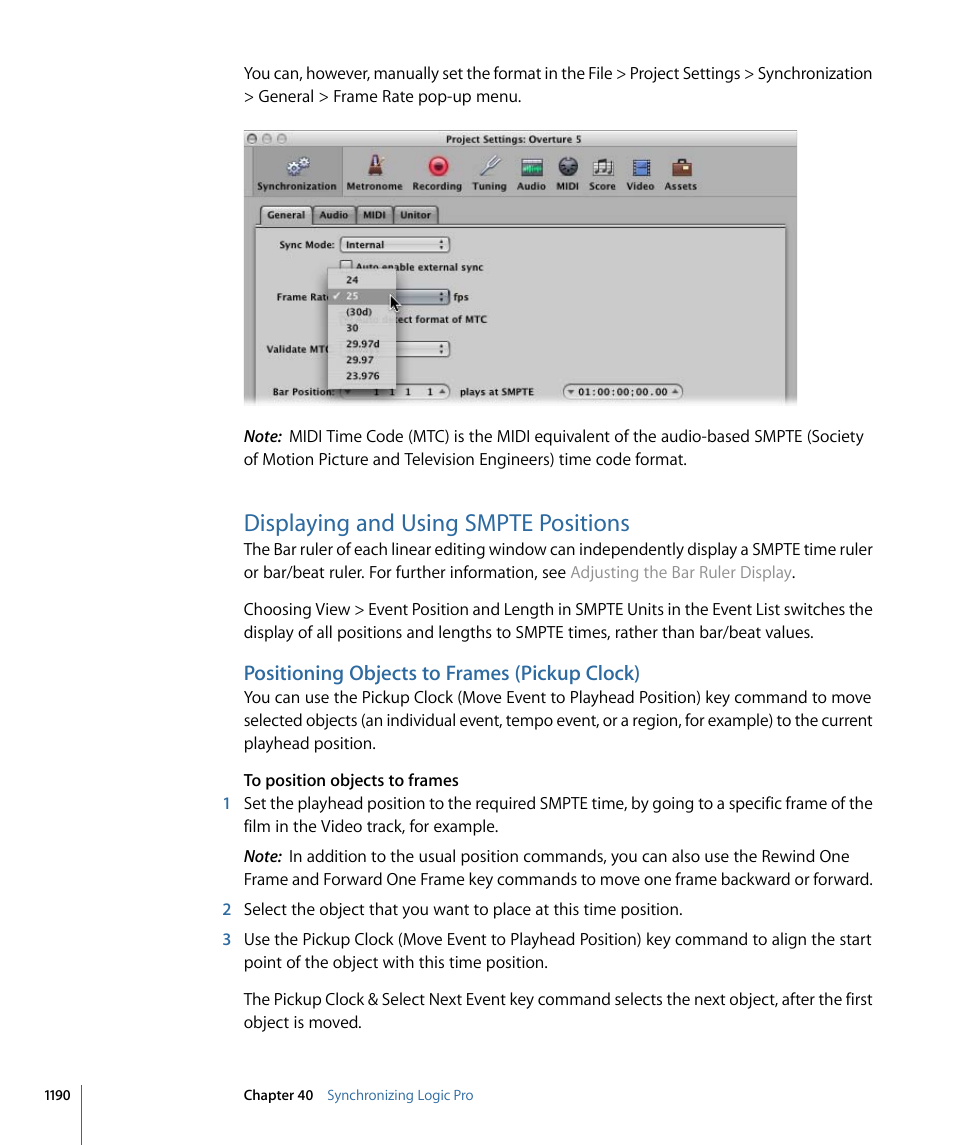 Displaying and using smpte positions, Positioning objects to frames (pickup clock) | Apple Logic Pro 9 User Manual | Page 1190 / 1340