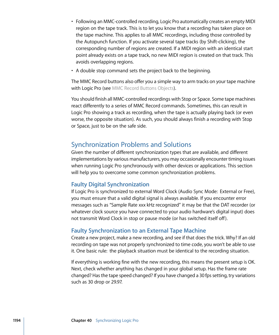 Synchronization problems and solutions, Faulty digital synchronization, Faulty synchronization to an external tape machine | Apple Logic Pro 9 User Manual | Page 1194 / 1340