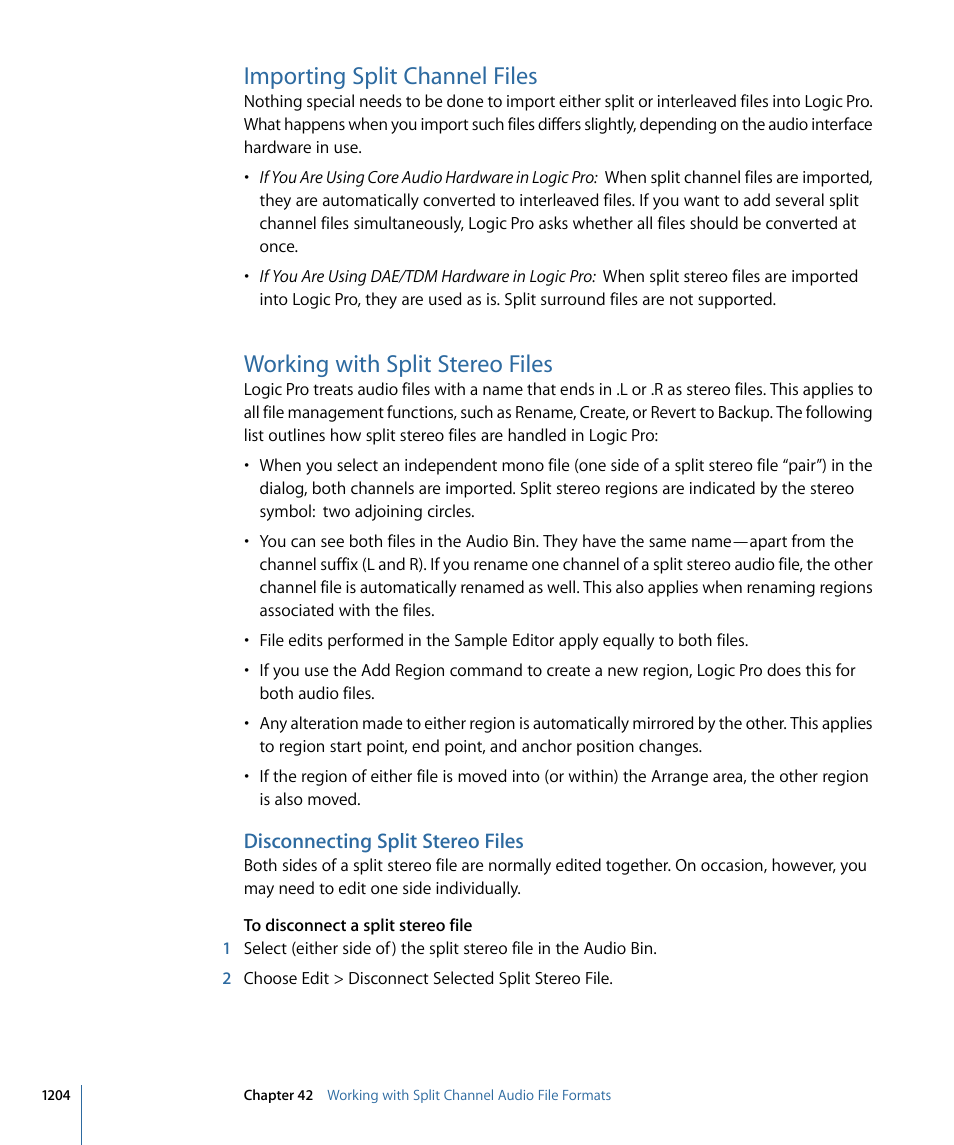 Importing split channel files, Working with split stereo files, Disconnecting split stereo files | Apple Logic Pro 9 User Manual | Page 1204 / 1340