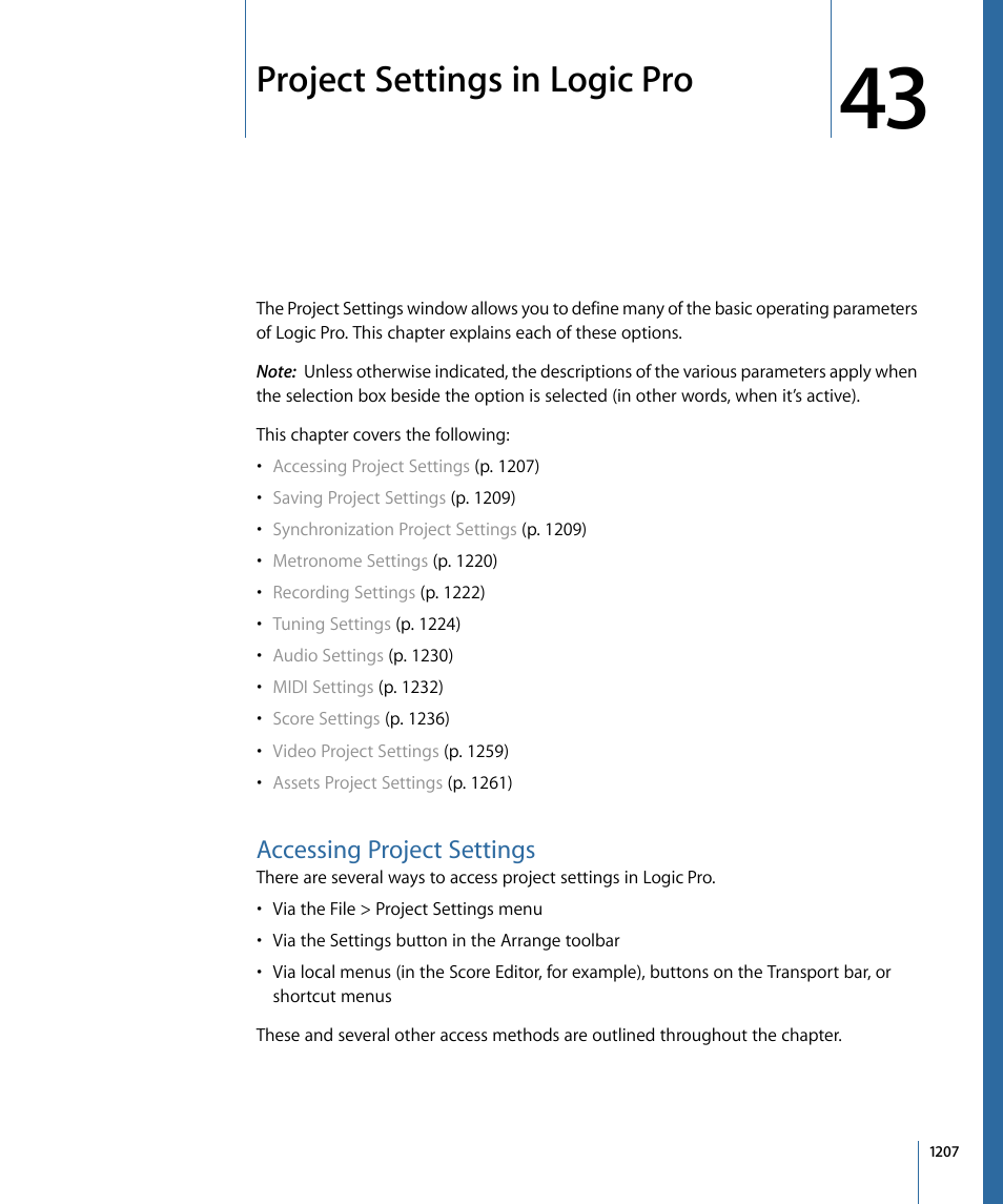 Project settings in logic pro, Accessing project settings | Apple Logic Pro 9 User Manual | Page 1207 / 1340